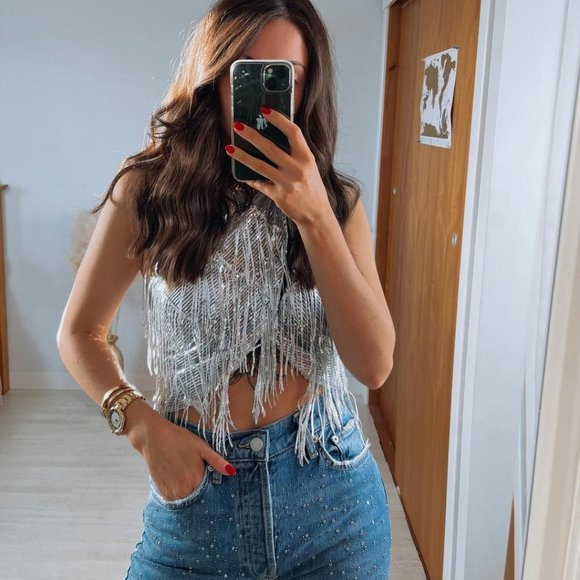 BLOGGER'S FAVE! Zara Sequin Wrap Halter Top NWT - Picture 5 of 14